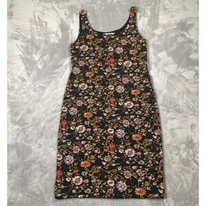 Peruvian Connection Dress Large Black Floral Tank 90s Indie Stretchy Boho